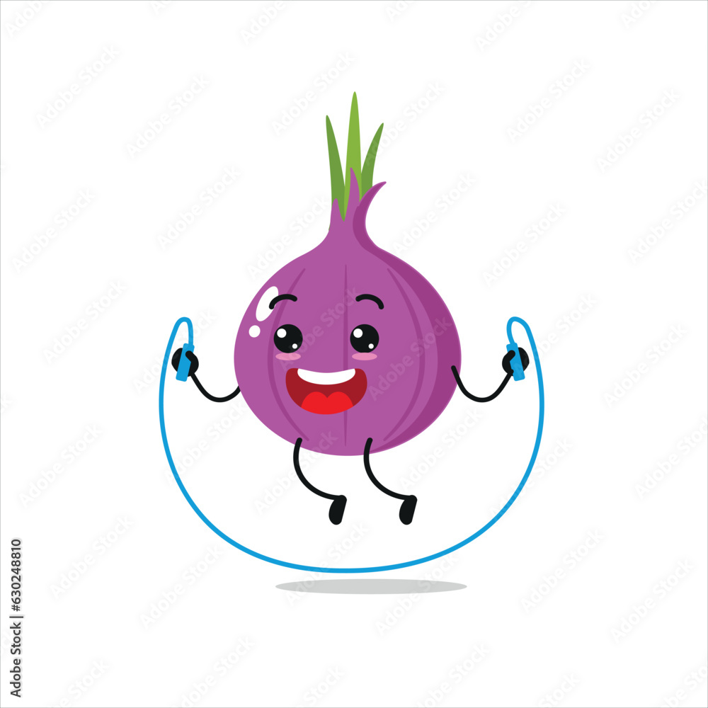 Cute and funny red onion doing jumping rope. Vegetable doing fitness or sports exercises. Happy character working out vector illustration. Cute and funny red onion doing jumping rope. Vegetable doing fitness or sports exercises. Happy character working out vector illustration.