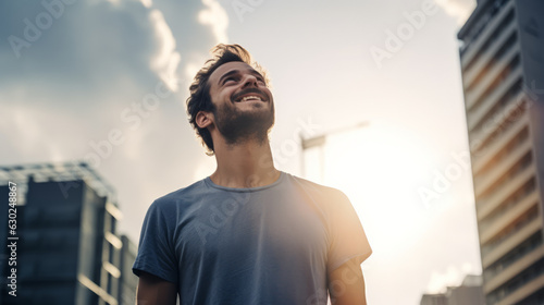 A happy young caucasian man looking up at the sky alone in a busy city, sun shining