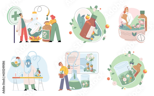 Natural herbal medication researches in laboratory. Traditional medicine concept. Scientist doctors characters make drugs of medical plants, herbal ingredients, extracts, preparing homeopathic recipes