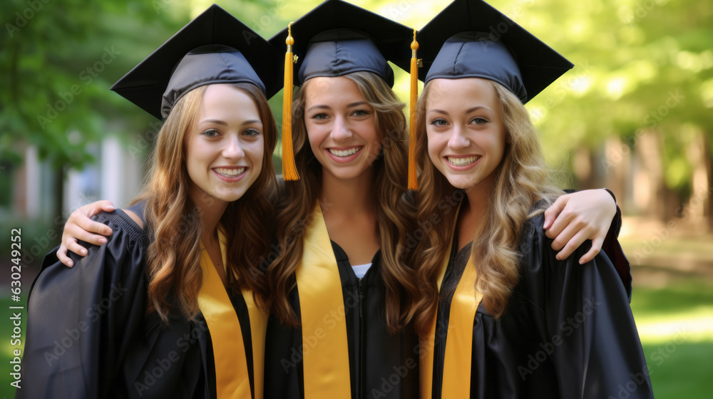 College graduation photo of 3 beautiful american student girls wearing traditional regalia