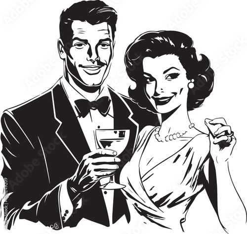 Hand-drawn Retro man and woman hold cocktail , Retro comics, American cartoon comic books and pulp novels black vector on a white background, illustration, vector, SVG