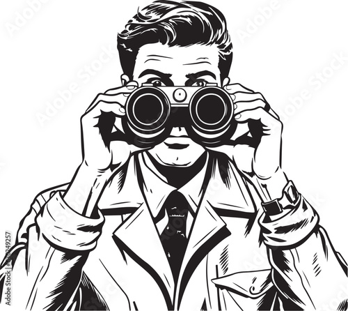 Hand-drawn Retro man hold binoculars , Retro comics, American cartoon comic books and pulp novels black vector on a white background, illustration, vector, SVG