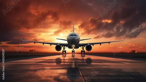 Airplane taking off at airport with sunrise background. Ai generative. © Golden House Images