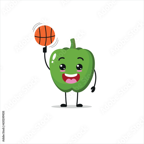 Cute and funny green paprika play basketball. Vegetable doing fitness or sports exercises. Happy character working out vector illustration.
