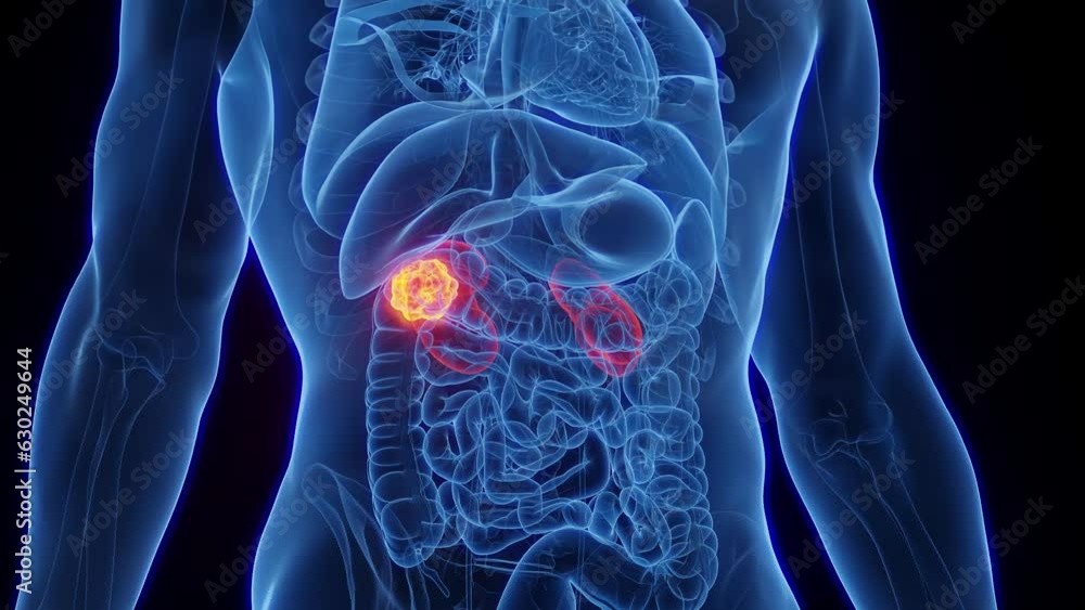 Animation of a cancerous tumor in a man's right kidney Animation of a cancerous tumor in a man's right kidney