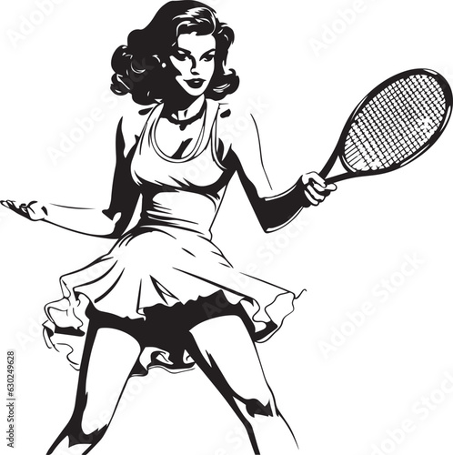 Hand-drawn Retro Woman play tennis, Retro comics, American cartoon comic books and pulp novels black vector on a white background, illustration, vector, SVG