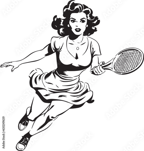 Hand-drawn Retro Woman play tennis, Retro comics, American cartoon comic books and pulp novels black vector on a white background, illustration, vector, SVG