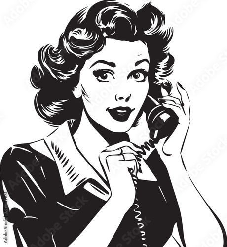 Hand-drawn Retro woman speak a phone , Retro comics, American cartoon comic books and pulp novels black vector on a white background, illustration, vector, SVG