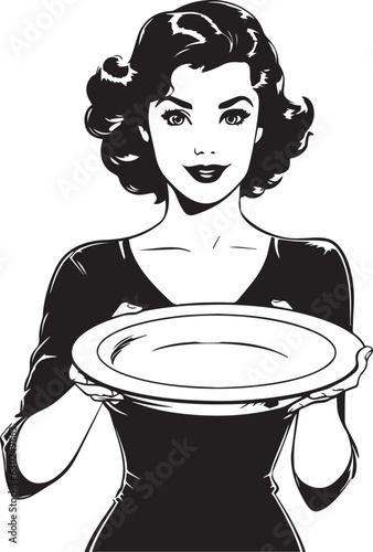 Hand-drawn Retro woman hold plate , Retro comics, American cartoon comic books and pulp novels black vector on a white background, illustration, vector, SVG

