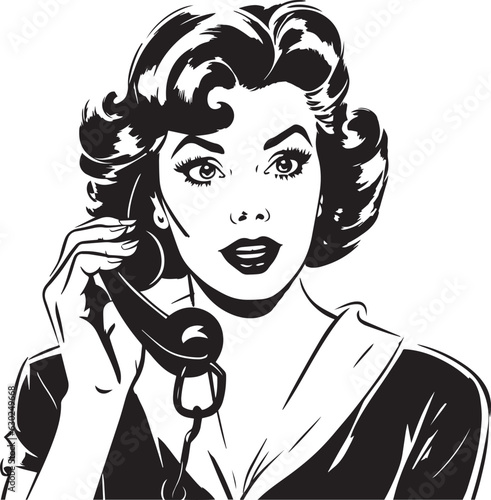 Hand-drawn Retro woman speak a phone , Retro comics, American cartoon comic books and pulp novels black vector on a white background, illustration, vector, SVG