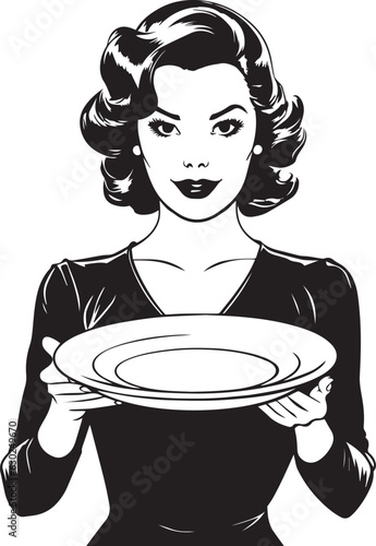 Hand-drawn Retro woman hold plate , Retro comics, American cartoon comic books and pulp novels black vector on a white background, illustration, vector, SVG
