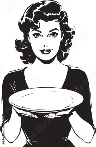 Hand-drawn Retro woman hold plate , Retro comics, American cartoon comic books and pulp novels black vector on a white background, illustration, vector, SVG

