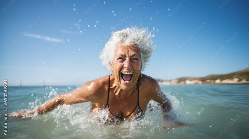 Happy mature senior woman swimming in the sea