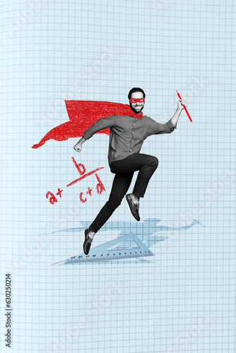 Collage vertical of strong powerful superman flying running hurry with pencil count formula algebra isolated on plaid paper background