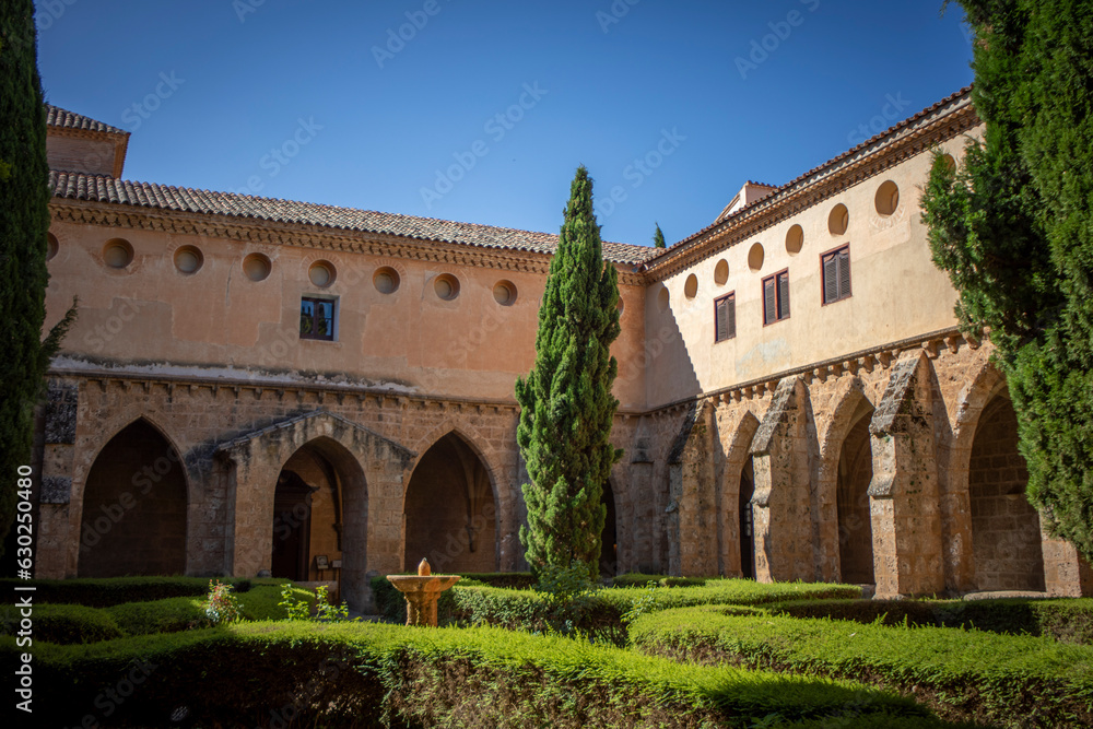 Cistercian cloister of the Monasterio de Piedra in Zaragoza, Aragon, Spain with vegetation inside