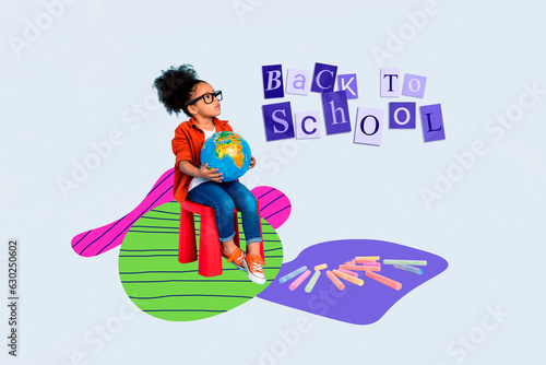 Artwork collage image of smart girl sit chair hands hold planet earth globe back to school isolated on creative background