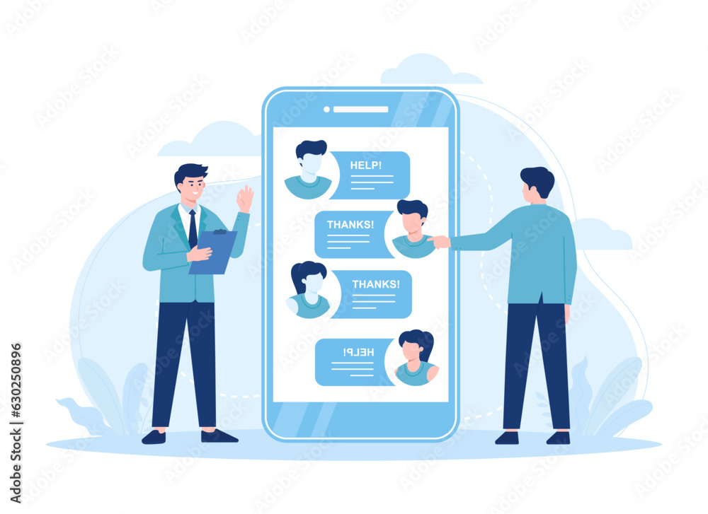 Customer service is performed for customers on smartphone screens concept flat illustration