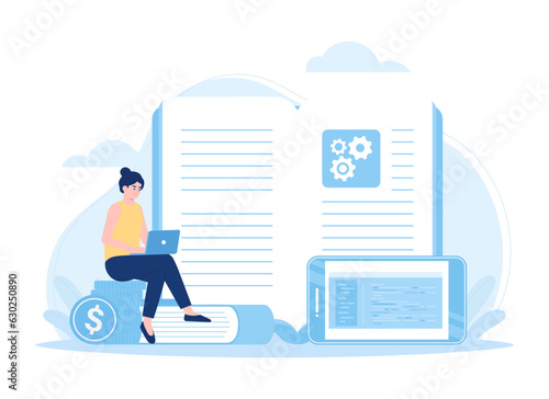 Programmer concept idea of coding testing and writing program using device concept flat illustration