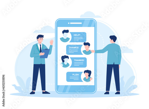 Customer service is performed for customers on smartphone screens concept flat illustration
