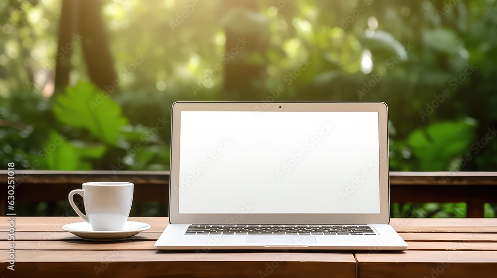 Empty screen laptop mockup with a cup coffee on green tree background Empty screen laptop mockup with a cup coffee on green tree background