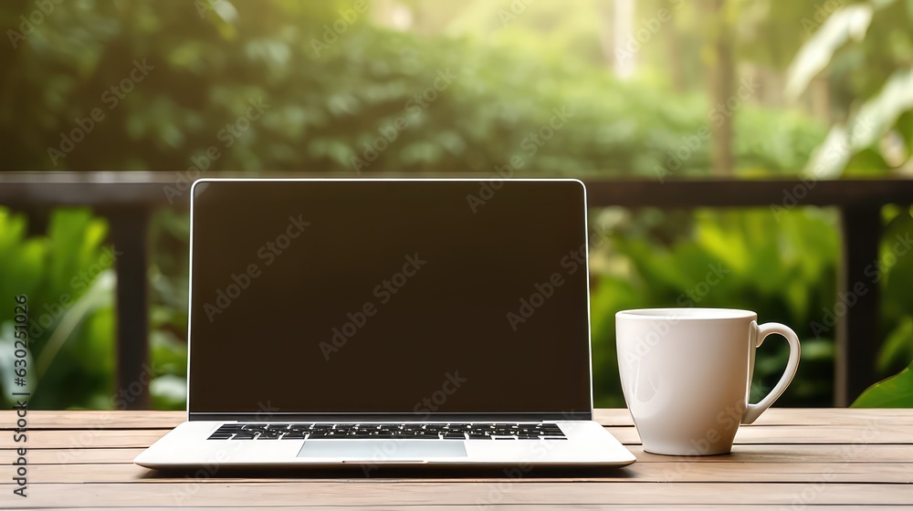 Empty screen laptop mockup with a cup coffee on green tree background Empty screen laptop mockup with a cup coffee on green tree background