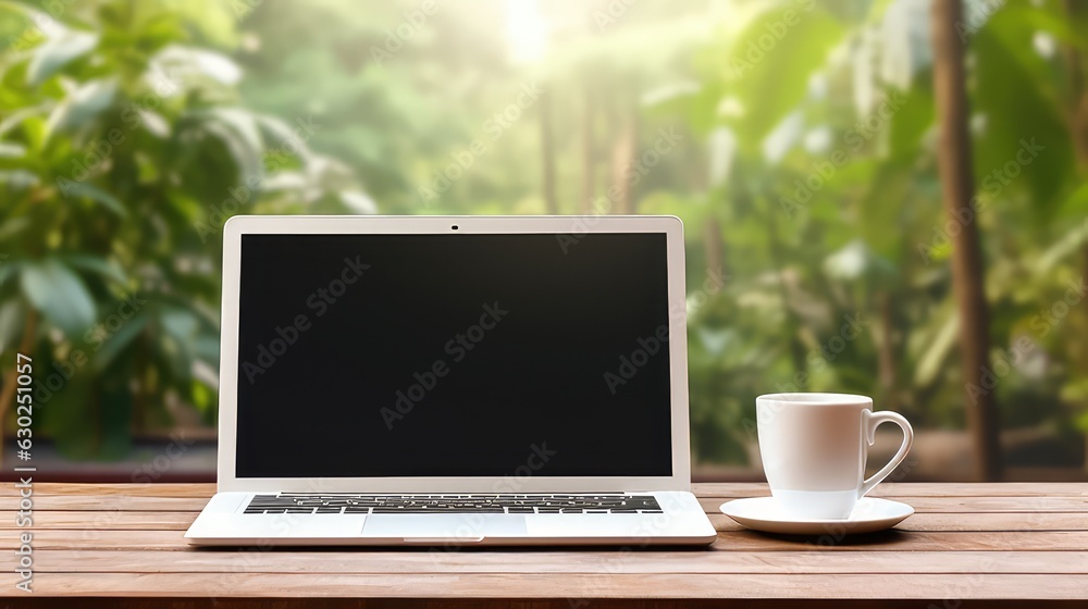 Empty screen laptop mockup with a cup coffee on green tree background Empty screen laptop mockup with a cup coffee on green tree background