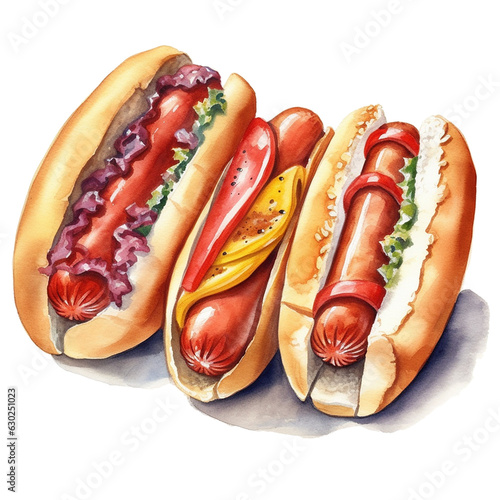 Hotdogs Fast Food, Isolated PNG, Watercolor Hand Painted Illustration, Transparent Background, Generative AI