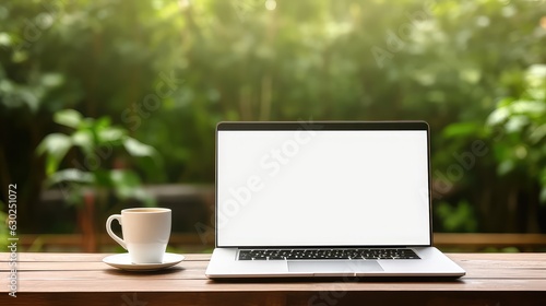 Empty screen laptop mockup with a cup coffee on green tree background