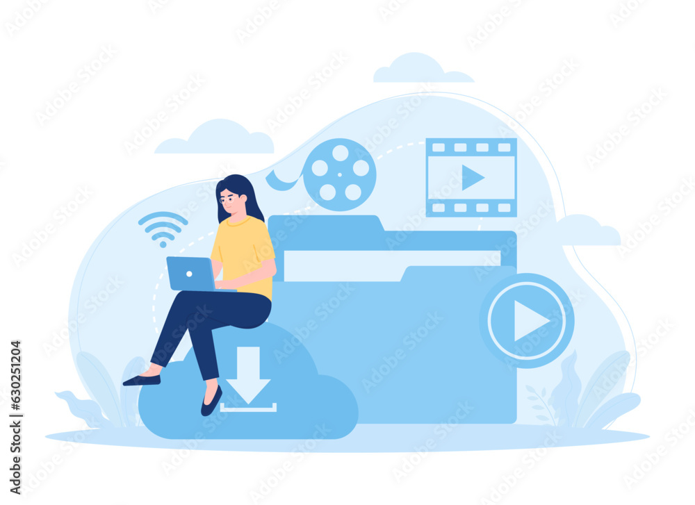 People downloading multimedia files via laptop concept flat illustration People downloading multimedia files via laptop concept flat illustration