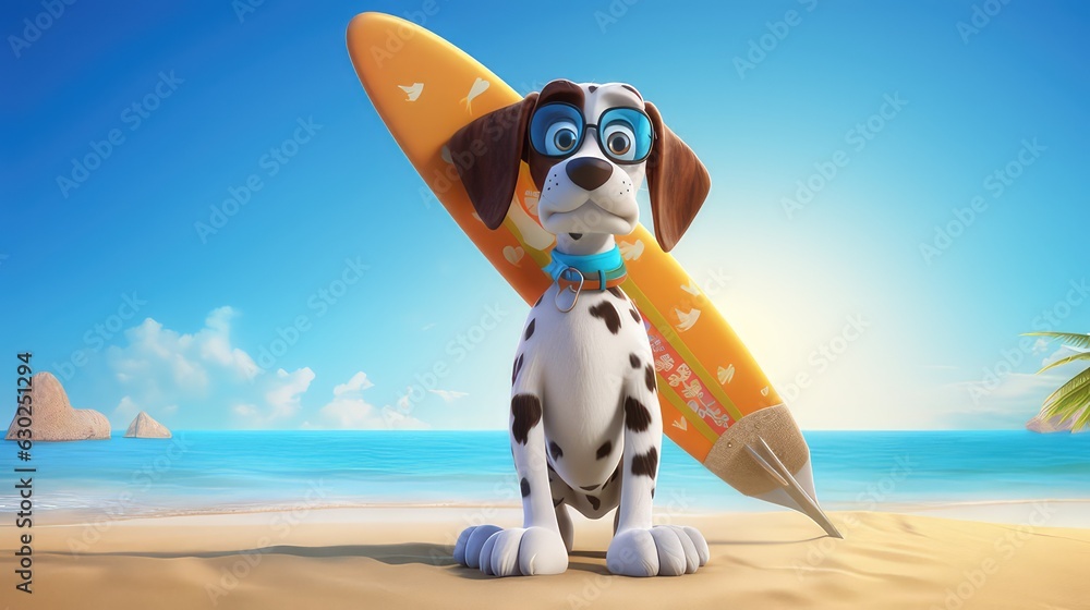 Animal 3d character person with surf board in the beach