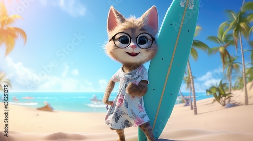 Animal 3d character person with surf board in the beach © Gaseesky Stock