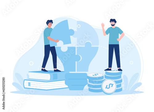 Employee teamwork connecting bulb puzzle concept flat illustration