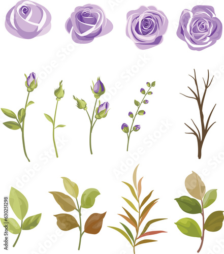 set of purple rose flower elements and leaves