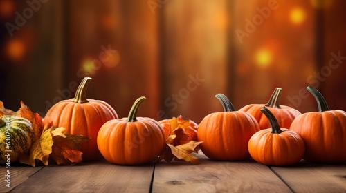Autumn Pumpkin Thanksgiving Background - orange pumpkins over wooden table generative ai