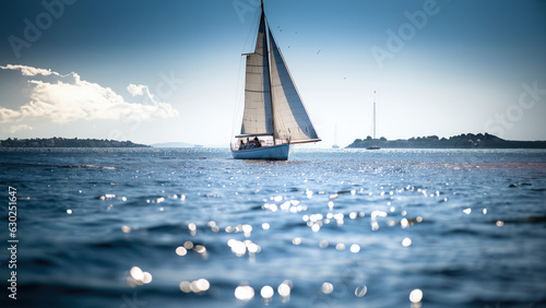 Tableau sur toile voilier de type goélette toutes voiles dehors en mer entre de petites iles, pris
