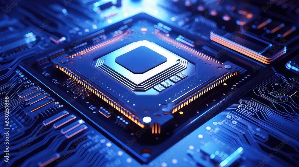 Fototapeta premium cpu computer chip on motherboard blue light theme