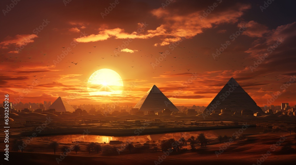 Great Pyramids of Giza, Egypt, at sunset generative ai