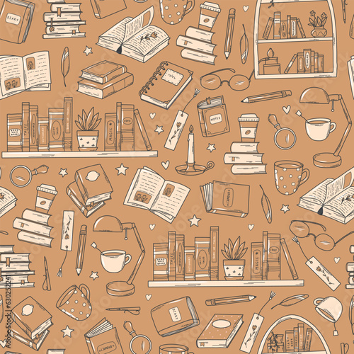Books seamless pattern on craft paper background with hand drawn elements, doodles for wrapping paper, scrapbooking, prints, packaging, wallpaper, stationary, etc. EPS 10