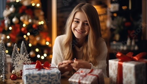 Cheerful girl wrapping Christmas presents, holiday gift wrapping, festive packaging