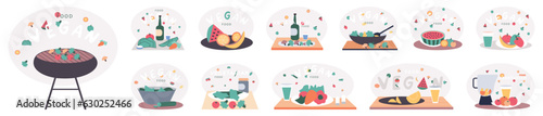 People cooking vegetarian food. Vector illustration. Cooking dietary dishes. Vegan and natural, green diet eating lifestyle tiny person. Salad in vegetable bowl. Fresh and healthy food nutrition