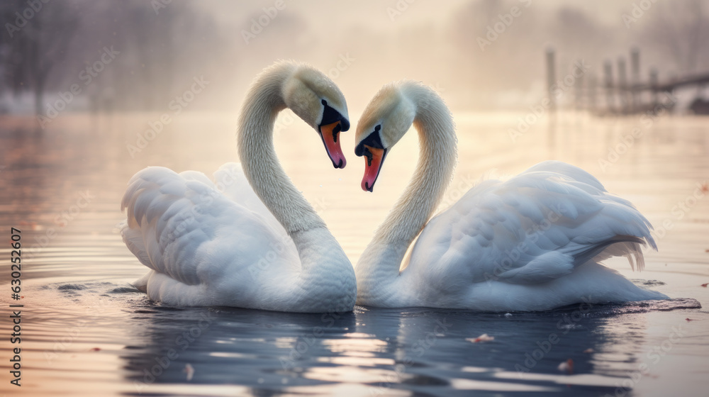 Fototapeta premium A pair of swans are dancing on the lake. They lean on each other. Their feathers are as white as snow. They look very elegant against the lake.