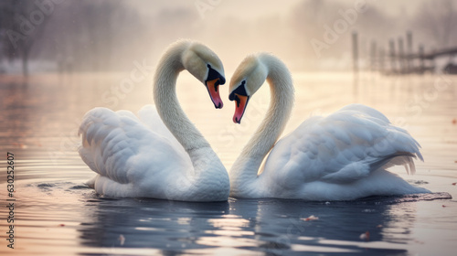 Fototapeta Naklejka Na Ścianę i Meble -  A pair of swans are dancing on the lake. They lean on each other. Their feathers are as white as snow. They look very elegant against the lake.