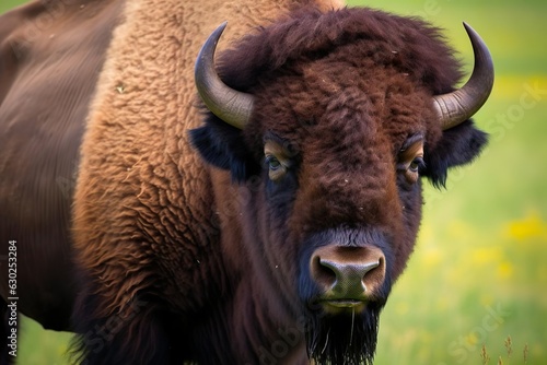 American bison portrait on green grass.
