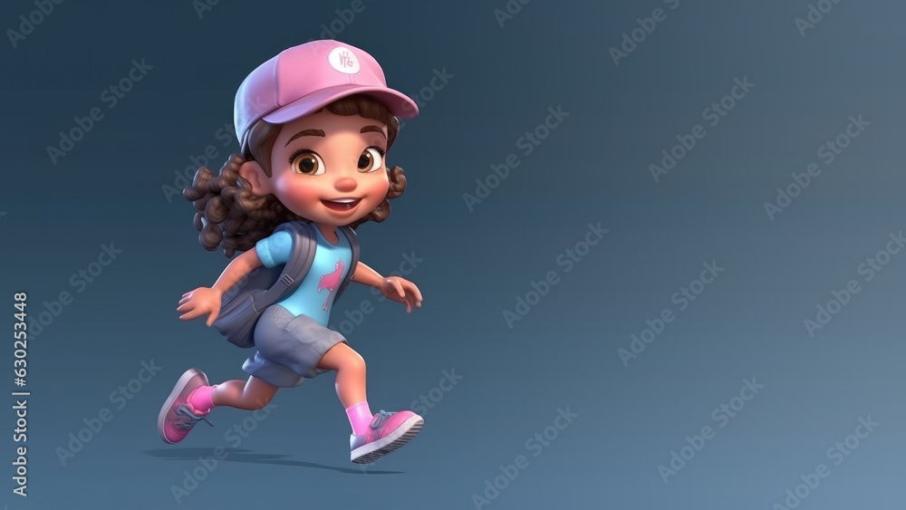 Happy girl wearing hat and backpack is walking Happy girl wearing hat and backpack is walking