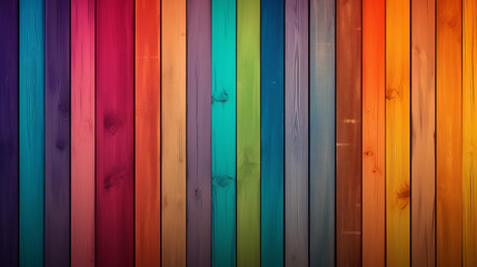 Colorful wooden background with vertical wooden slat of different bright colors and copy space
