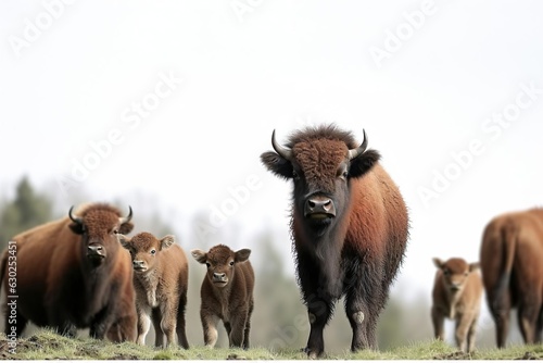 Bison baby with the herd. Buffalo calf with adults.