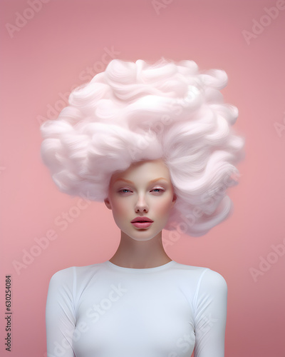 Close up portrait of a beautiful woman with hair made out of white clouds on pastel pink background. Generative AI.
