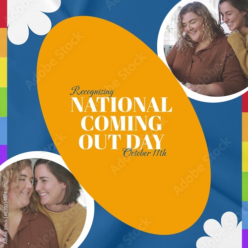 Collage of caucasian young lesbian couple and recognizing national coming out day, october 11th text photo