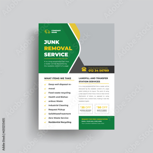 Junk removal service agency flyer template. Garbage, Waste removal poster leaflet template. Yard junk waste removal flyer poster leaflet design