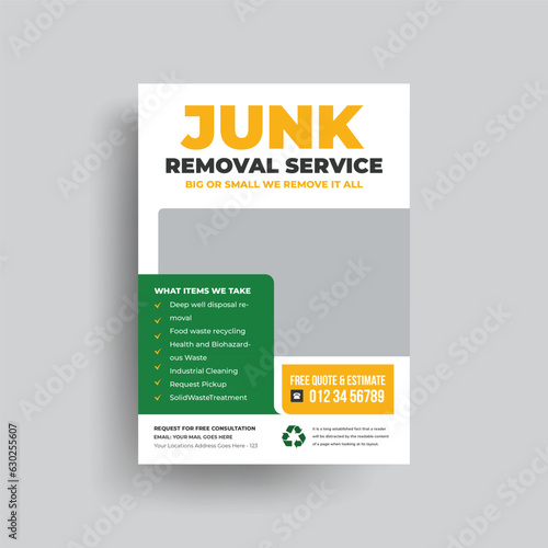 Junk removal service agency flyer template. Garbage, Waste removal poster leaflet template. Yard junk waste removal flyer poster leaflet design